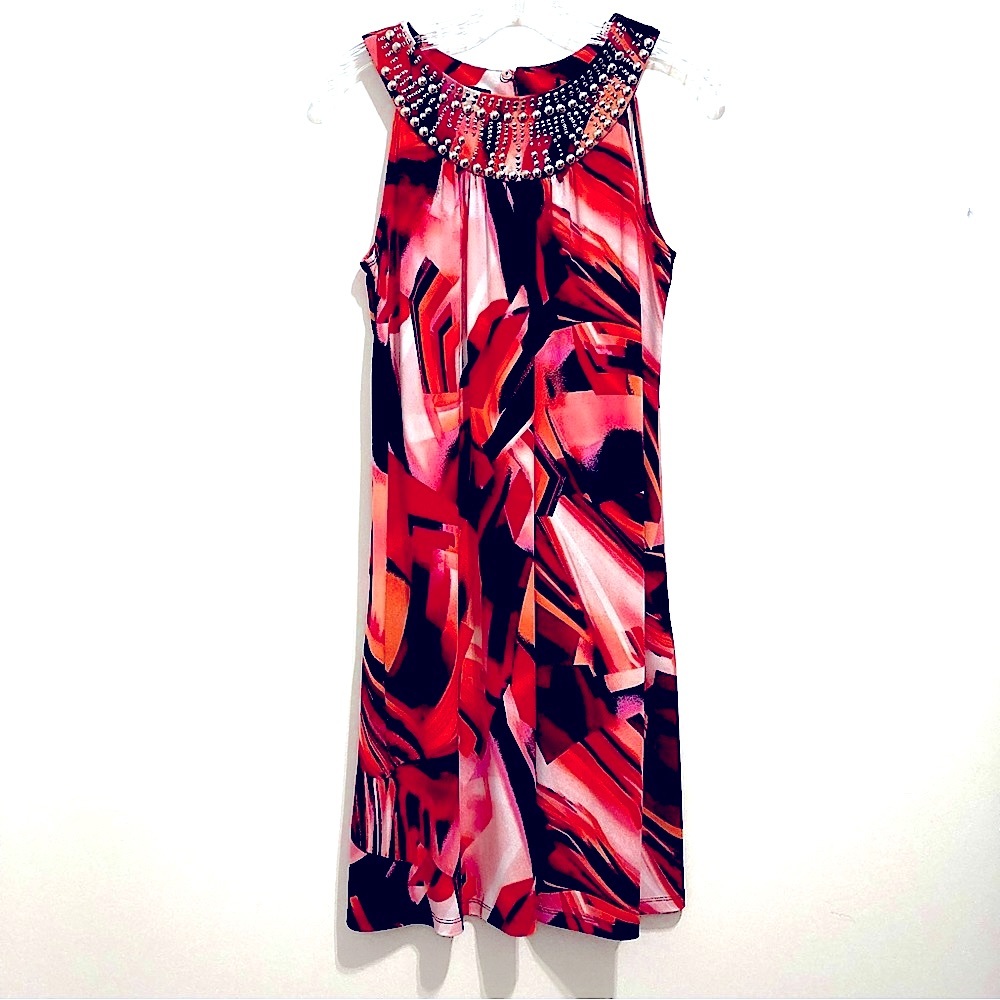 AB Studio Sleeveless Multicolor Studded Neck Dress